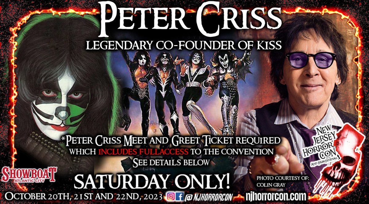 Hey… #KissArmy Come Meet Peter Criss at NJ Horror Con at the Showboat in Atlantic City! Saturday, October 21, 2023 ONLY! For More Information Click Here👇🏻 petercriss.net/appearances.htm