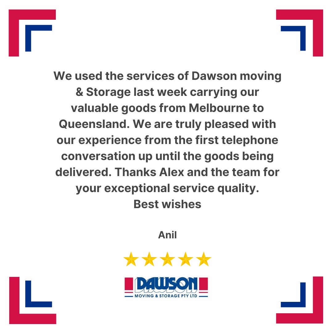 Thank you so much for this kind review! We are beyond pleased to receive your positive feedback! 💙 ❤️️
.
📱 @dawsonmovingandstorage
📞 03 9763 0222
.
#Dawson #DawsonMovingandStorage #FurnitureMovers #LocalMovers #InterstateMovers #StorageSolutions #SelfStorage #5Stars #Po ...