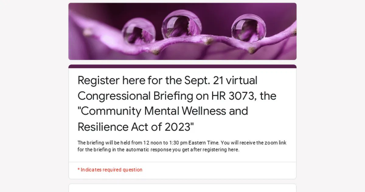 Register now for the Sept. 21 virtual Congressional Briefing on HR 3073, the 'Community Mental Wellness and Resilience Act of 2023' The briefing will be held from 12 noon to 1:30 pm Eastern Time. You'll receive a link after after registering here. buff.ly/44MPYXt