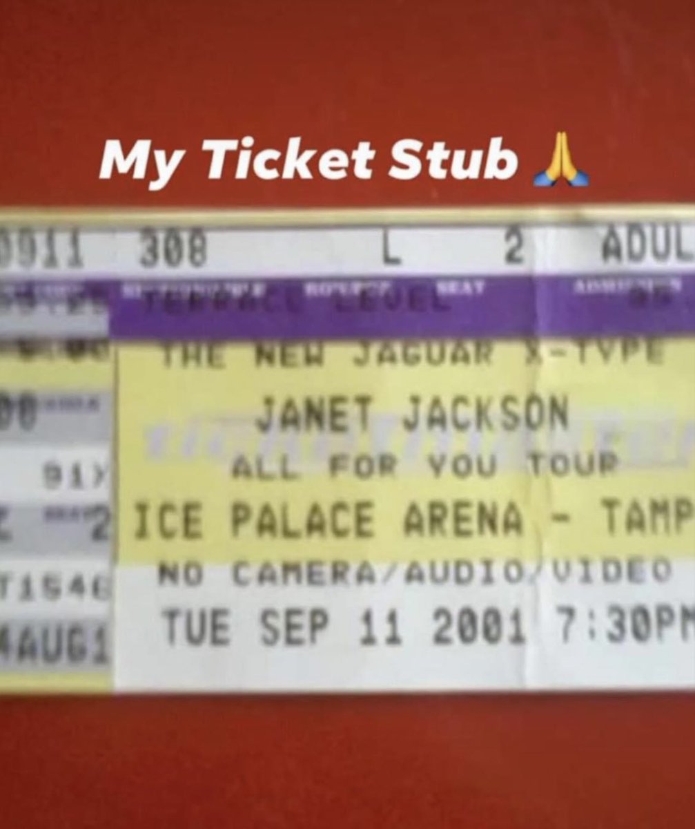 darlene92680666's tweet photo. This is my ticket stub from 22 years ago today โฆ. Of course it was rescheduled until October. @JanetJackson #AllForYouTour #TampaFL 9.11.01 https://t.co/JxJX1zwDw8