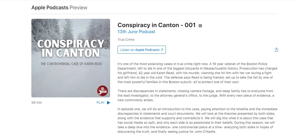 Episode One is out now. 
podcasts.apple.com/us/podcast/con…
#ConspiracyInCanton #13thJuror #JusticeForJohnOkeefe #FreeKarenRead #KarenRead