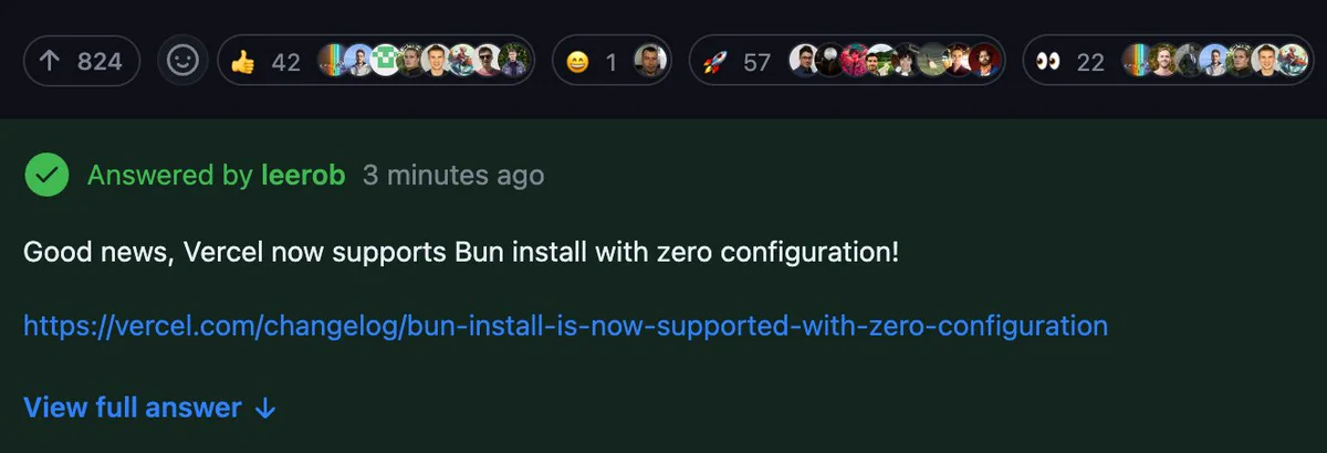 A screenshot of github discussions, showing 824 upvotes. The marked answer says "Good news, Vercel now supports bun install with zero configuration!"