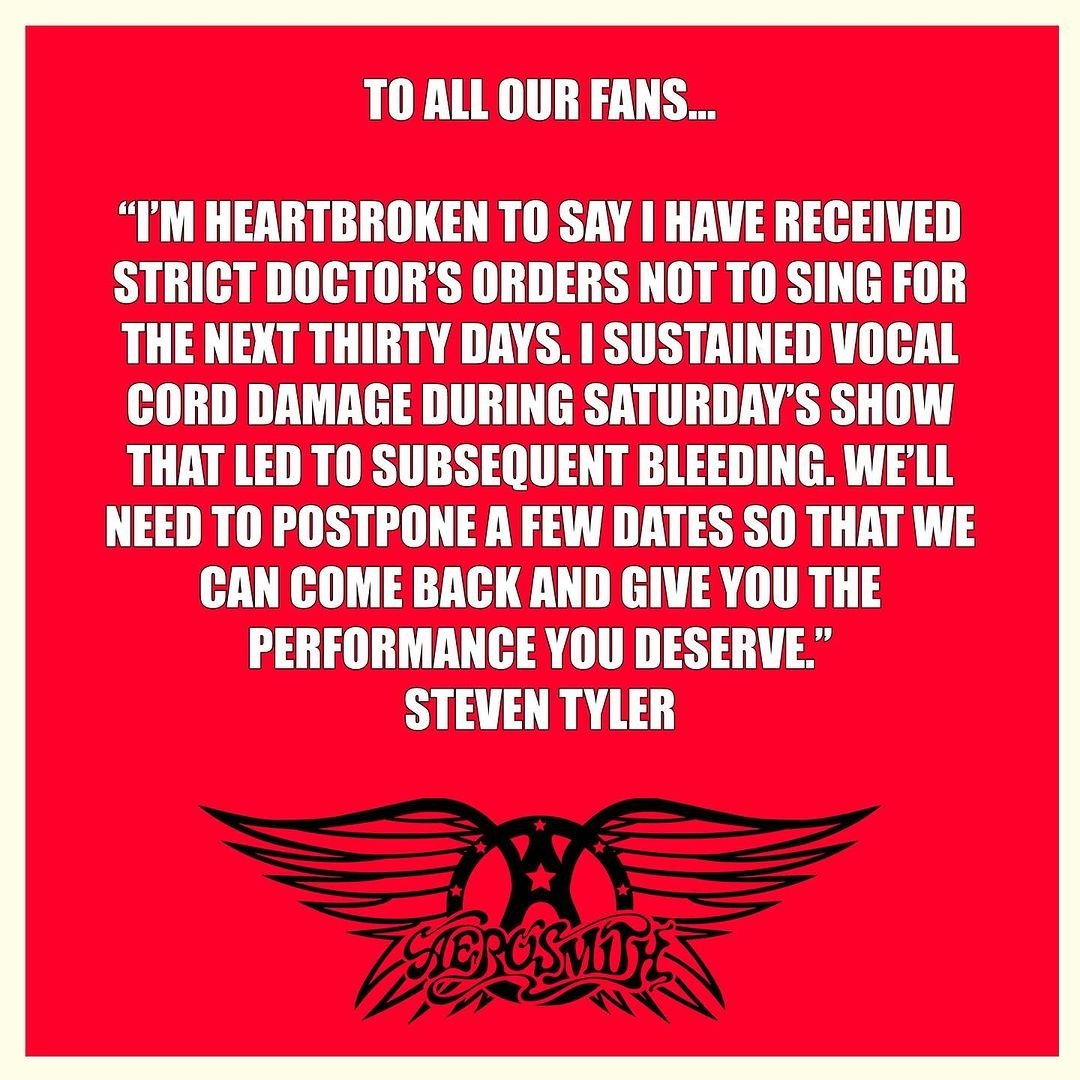 AcostaMzk's tweet image. AEROSMITH suspende su actual gira por cuestiones medicas de su vocalista Steven Tyler.