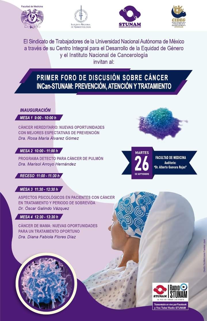 PSICOONCOLOGIA1's tweet photo. Lo(a)s invitamos al Primer foro de discusión sobre cáncer INCan STUNAM. Martes 26 de septiembre. Entrada libre. https://t.co/woprgNX1mn