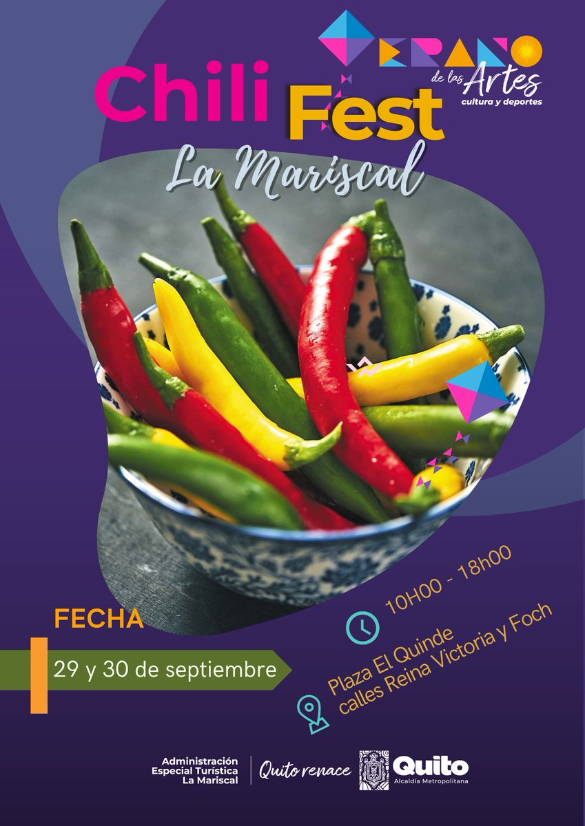 🌶️ #LaMariscalEsGastronomía | Te invitamos a disfrutar del Chili Fest en La Mariscal.

🗓 29 y 30 de septiembre
⏰10h00 - 18h00
📍Plaza El Quinde, calles Reina Victoria y Foch

#QuitoRenace