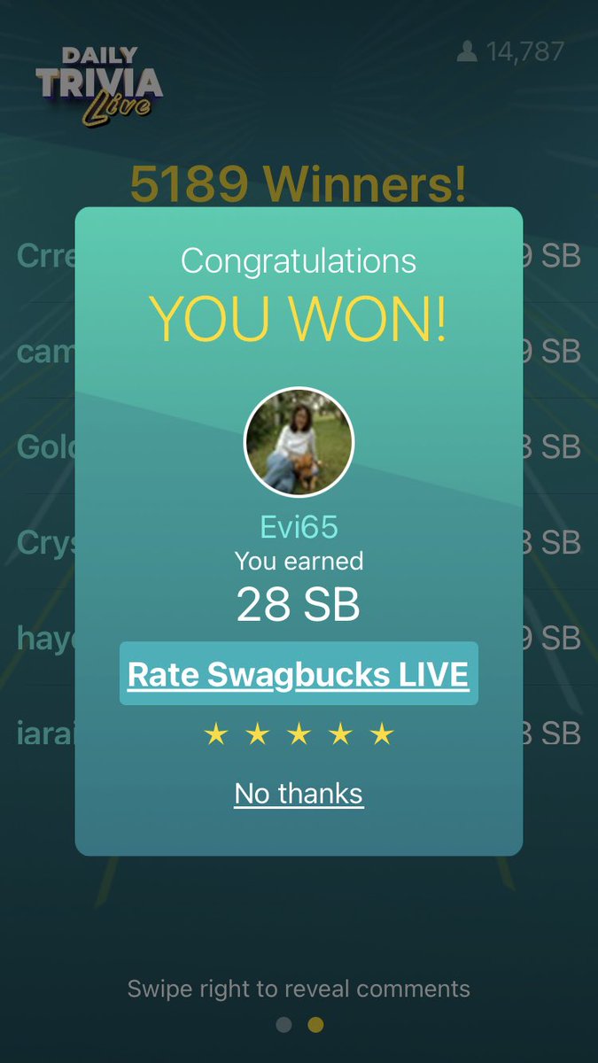 evi_bivins's tweet photo. @Swagbucks Great game tonight! Thanks for the win!
#SBBraggingRights https://t.co/3pOsD1nhNB