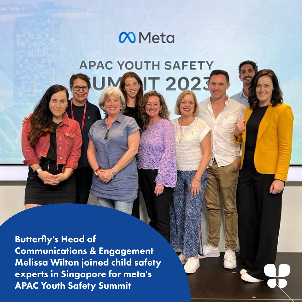 Bfoundation's tweet photo. Last week, our Head of Comms &amp; Engagement Melissa Wilton joined child safety experts in Singapore for Meta's APAC Youth Safety Summit.🦋 Great to connect with &amp; learn from safety specialists across APAC, including our Aussie friends @projectrockit @savechildrenaus &amp; @ReachOut_AUS https://t.co/Z2ec7TMKie