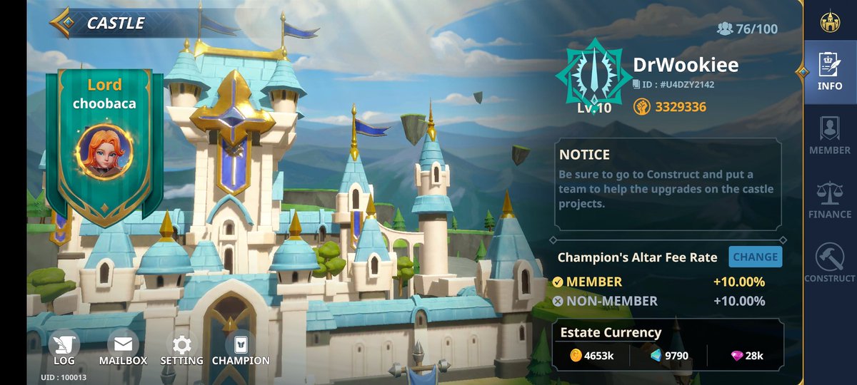 Max level castle in <a href="/oneuniverseCA/">ChampionsArena.Official</a>  champioms arena. If you are looking for a guild to join  you have to not be faint of heart. We will be fighting @classygames_ guild once guild wars open up! <a href="/GoGalaGames/">Gala Games</a> such a fun game!