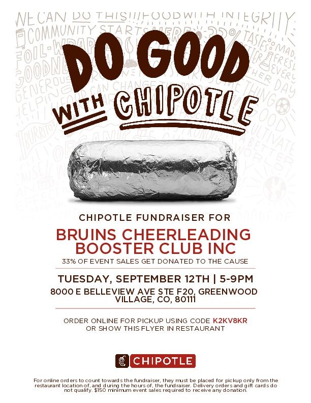 Satisfy your burrito craving tomorrow and support Creek Cheer! We receive 33% of the proceeds when you mention Creek Cheer at the Chipotle at Belleview Promenade by Creek. Thanks! 

Order online and use code K2KV8KR

#chipotlefundraising #creekcheer