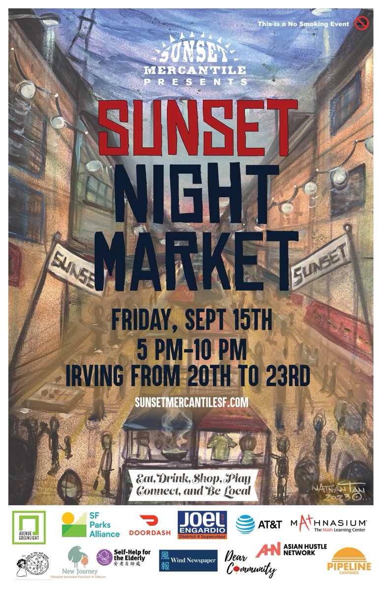 JoelEngardio's tweet photo. The first-ever Sunset Night Market is coming Friday!

Friday Sept. 15
5p to 10p
Irving Street (between 20th and 23rd Ave)

“The much-anticipated Sunset Night Market will include…Asian foods ranging from boba tea to beef noodle soup to ube pies, along with a performance stage and…games.” — article in SF Standard: https://t.co/Go6hMKmKMQ

Why a Sunset Night Market? We have a lot to fix in San Francisco, with public safety and our local economy at the top of the list. A vibrant night market reclaims the street and makes it safer. A night market focused on neighborhood businesses helps rejuvenate the merchant corridor. And we need to celebrate joy in San Francisco. Joy is the antidote to the doom loop narrative.

I was inspired by the night markets in Taipei that I enjoy every year when visiting my husband’s family. But the Sunset Night Market doesn’t replicate what’s in Taipei. Our night market will be uniquely San Francisco and celebrate the Sunset community.

September 15 is the pilot. It’s just the beginning. The goal is to learn from the pilot and then improve upon the idea with more night markets. I envision monthly night markets in different areas of the Sunset, each with ever-evolving themes.

While food will always be a draw, the Sunset Night Market will also be about entertainment, games, arts & crafts, and community building.

On September 15, there will be three stages with musical acts from 5p to 10p. There will be games for kids. At 8:30p, there will be literal dancing in the street at the intersection of Irving and 21st Avenue with a DJ spinning tunes. Celebrity Chef Martin Yan will do a cooking demonstration.

There will be something for everyone as we strive to create our best San Francisco.

See you there!