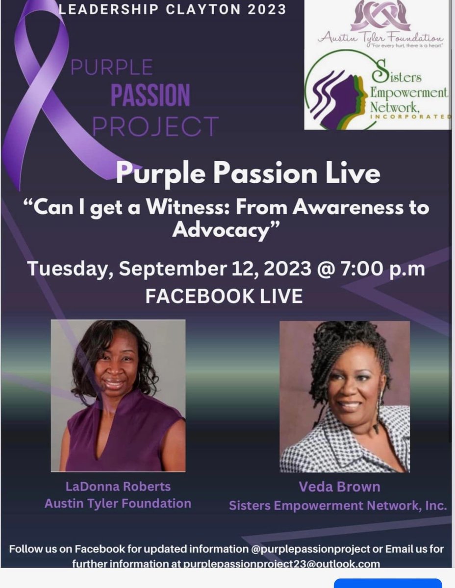 Please join the Purple Passion Project, Sisters Empowerment Network, and the Austin Tyler Foundation for Can I Get a Witness from Awareness to Advocacy tomorrow at 7:00 PM on Facebook Live. I hope you will join us for a candidate conversation.