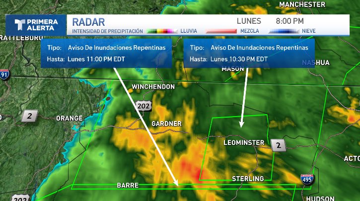 Emergencia por inundaciones repentinas, específicamente para la ciudad de #Leominster Fuertes aguaceros impactan esta zona. Por favor evite conducir en estas condiciones. @TelemundoNI