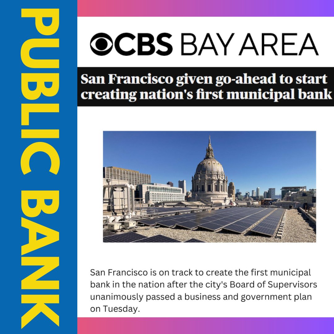 Last week the San Francisco Board of Supervisors unanimously passed a business and government plan to create the nation's first municipal bank in San Francisco! Congratulations to our Economic Justice Team and the @sfpublicbank for the vote. Excited for our journey ahead!