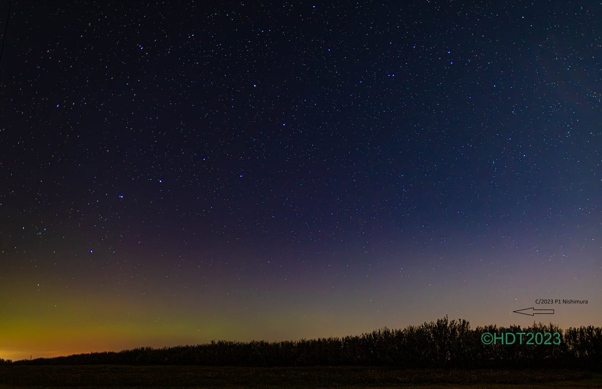 theauroraguy's tweet photo. #CometNishimura and the #Auroraborealis 20230909T1130Z, Crossfield Alberta.  I finally found the comet and the aurora! https://t.co/otDFuaKf1H