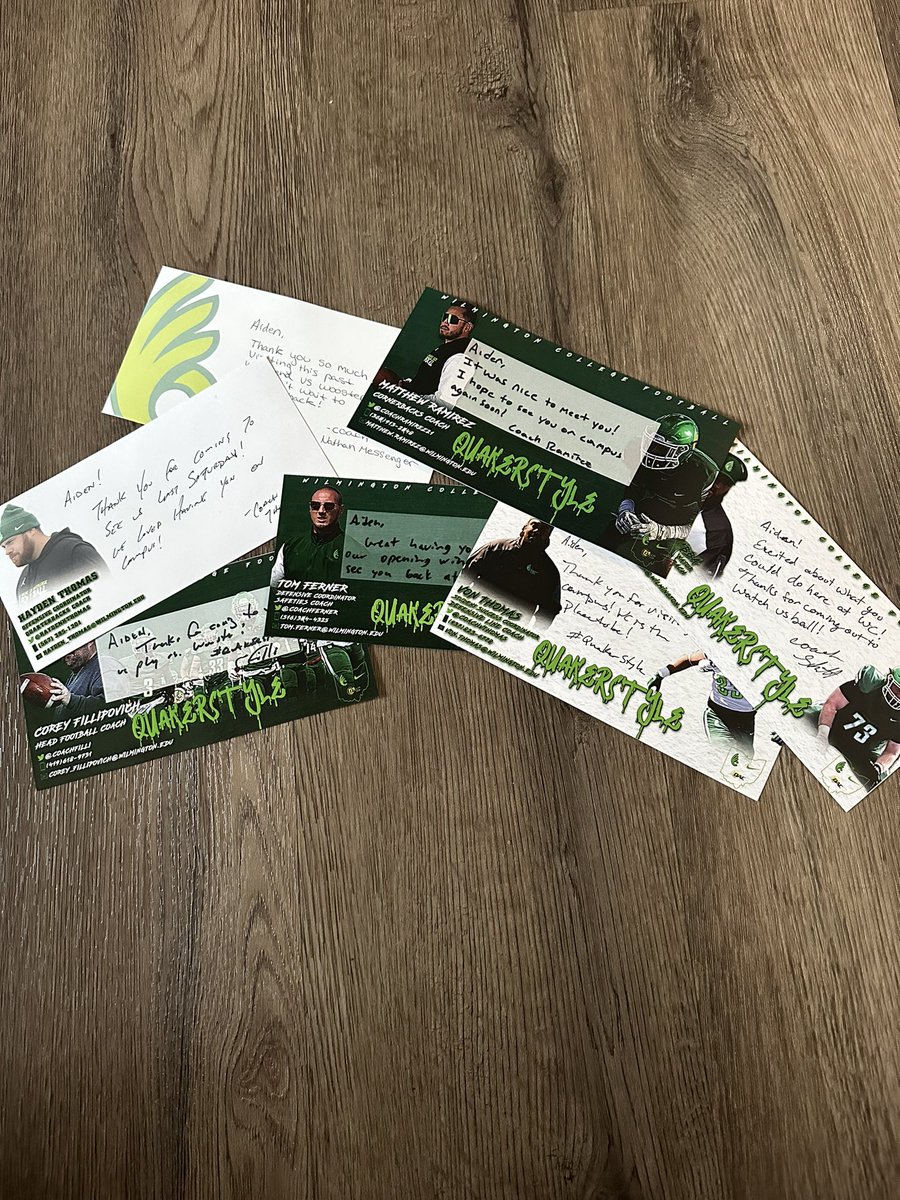 AidenLlewellyn's tweet image. Thank you to the Wilmington College football coaches for all the letters!! @CoachSkibba @CoachRamirez21 @CoachFilli @HaydenHThomas @CoachVThomas @CoachFerner @coachpicetti @wens_mo @CoachGayTWDL @TWHSFootball #QuakerStyle