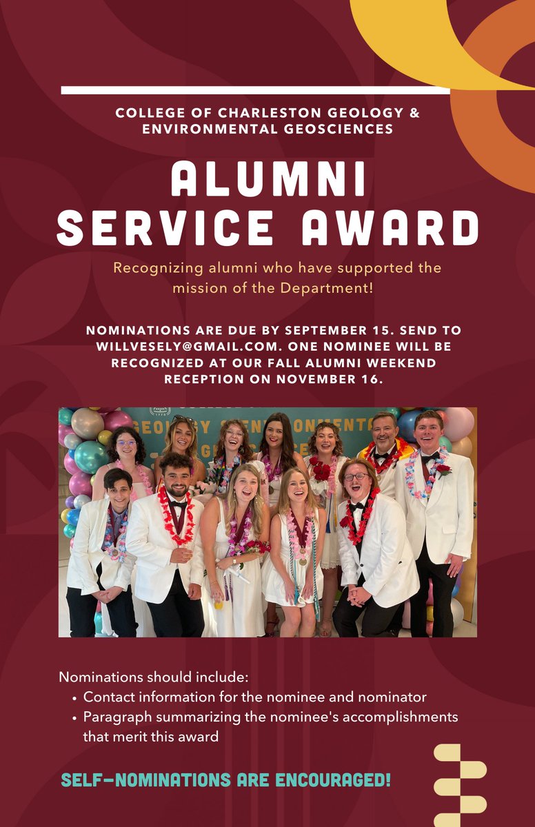 cofcgeology's tweet photo. Calling @cofcgeology #Alumni! The Department, in collaboration with the CofC Geology Board of Advocates, is excited to announce it will be awarding an Alumni Service Award this fall to an alumni who has helped advance the mission of the Department. https://t.co/oMOJA99hrU