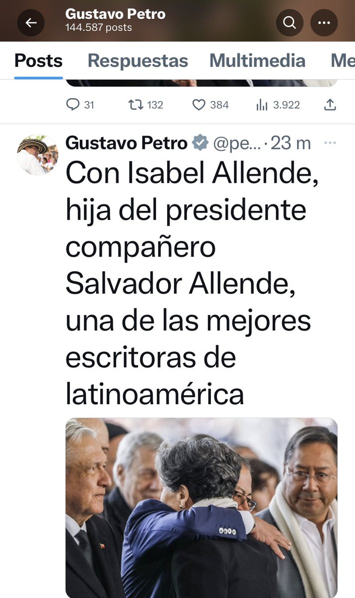 Presidente de Colombia Sr.  ⁦<a href="/petrogustavo/">Gustavo Petro</a>⁩: con todo respeto: la hija del expresidente Allende no es la gran escritora chilena. Se trata de yn alcance de nombre. ⁦<a href="/biobio/">BioBioChile</a>⁩ ⁦⁦⁦<a href="/GobiernoDeCol/">Gobierno de Colombia</a>⁩