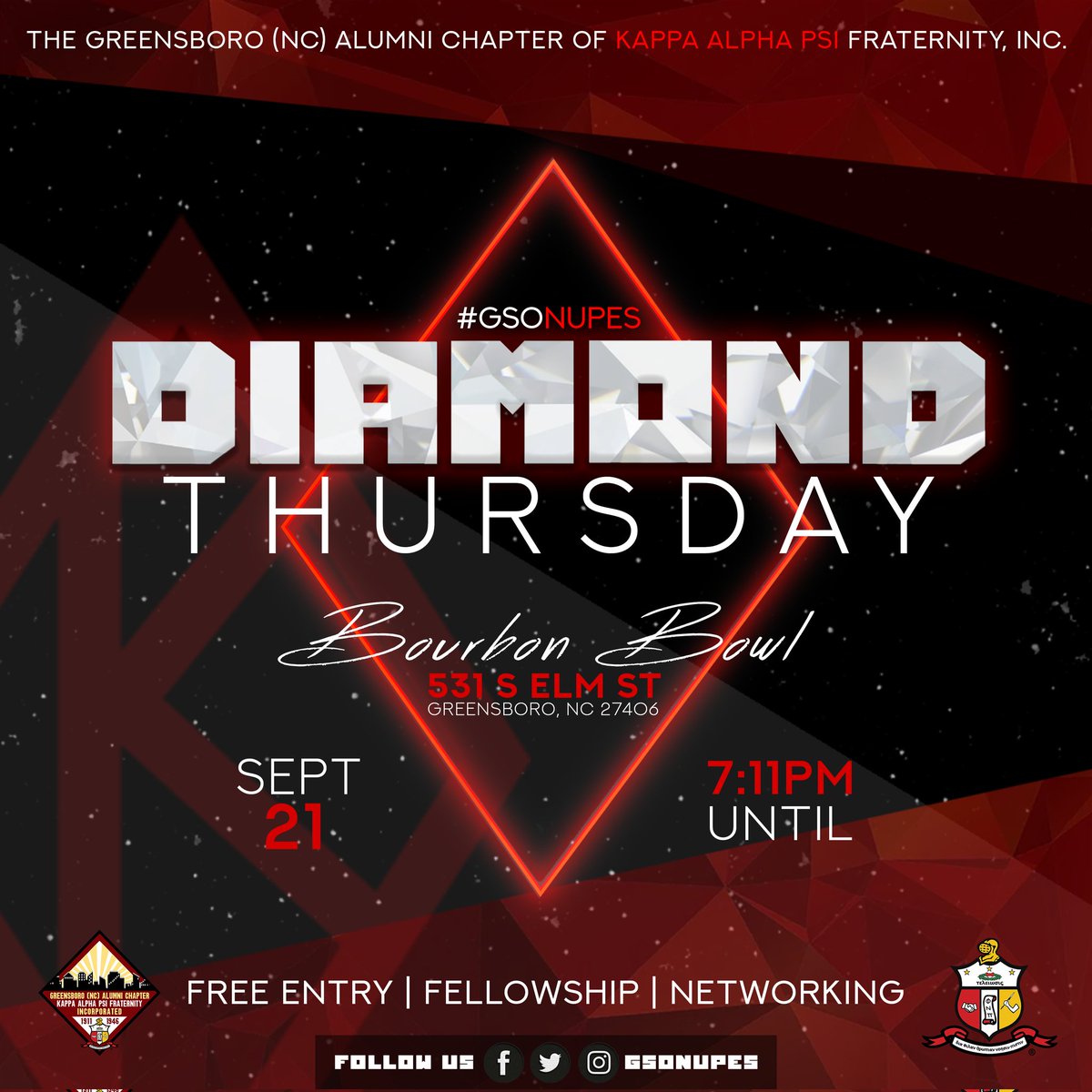 🚨 Social Event 🚨 The GSONUPES Presents: DIAMOND THURSDAY ♦️

A FREE social event for fellowship and networking. All are welcomed! The event starts at 7:11PM and ends when the last NUPE leaves (or until they kick us out). YO! 👌🏾🔥