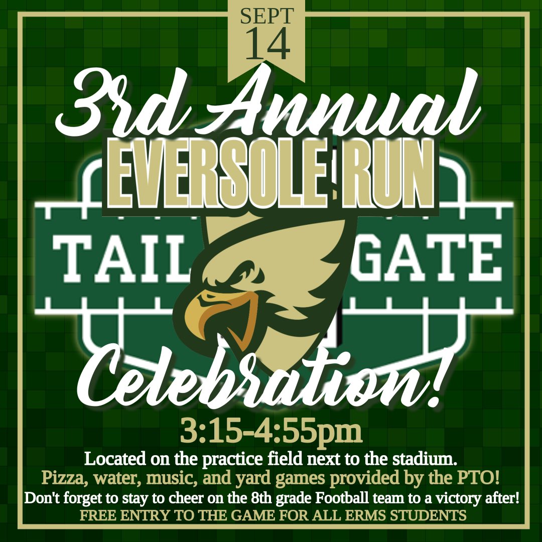Join us Thursday for a tailgate bash like no other! Our amazing PTO is hosting a FREE event for all ERMS students &amp; staff w pizza, water, music, &amp; yard games. After the tailgate, lets cheer on our 8th grade 🏈 team to another victory! FREE ENTRY TO THE GAME FOR ALL ERMS STUDENTS!