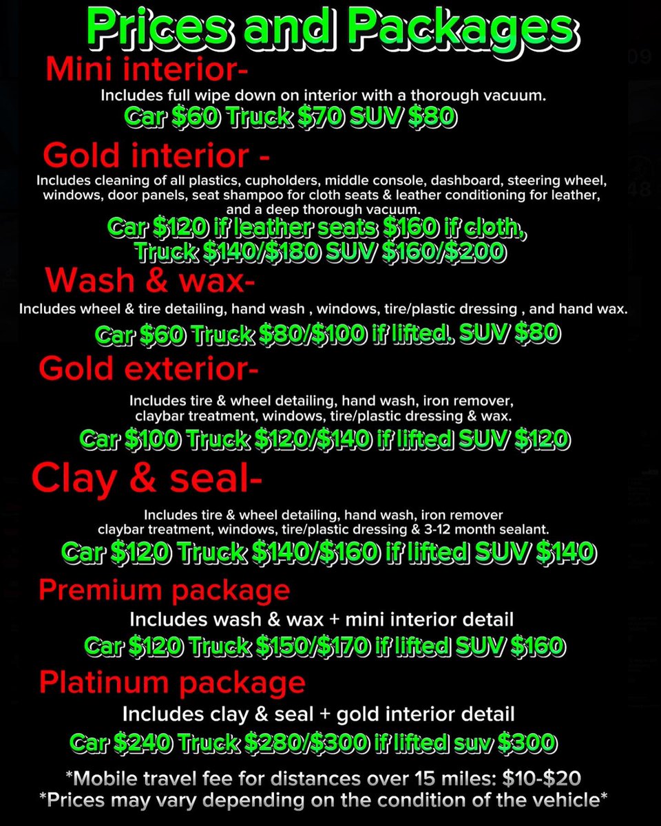 joels_detailing's tweet photo. What’s up everyone! here are my updated prices and packages.📦
I also added pricing for paint correction &amp; ceramic coating.💧check it out ❗️
-
Mobile, can go to you. *Drop off required for ceramic coatings.💫
-
Like and share this post to spread the word! https://t.co/kycRHhjdAG