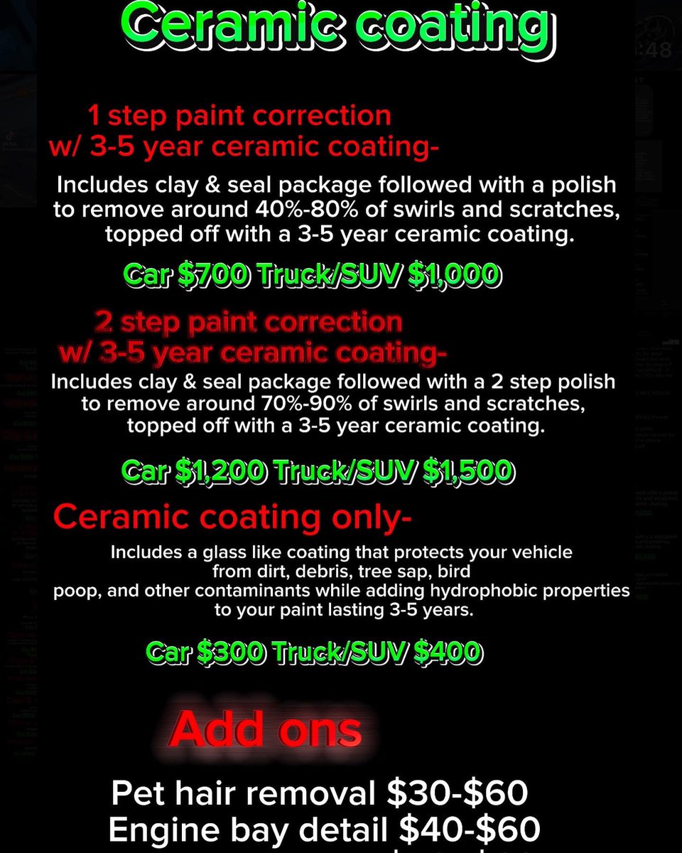 What’s up everyone! here are my updated prices and packages.📦
I also added pricing for paint correction &amp; ceramic coating.💧check it out ❗️
-
Mobile, can go to you. *Drop off required for ceramic coatings.💫
-
Like and share this post to spread the word!