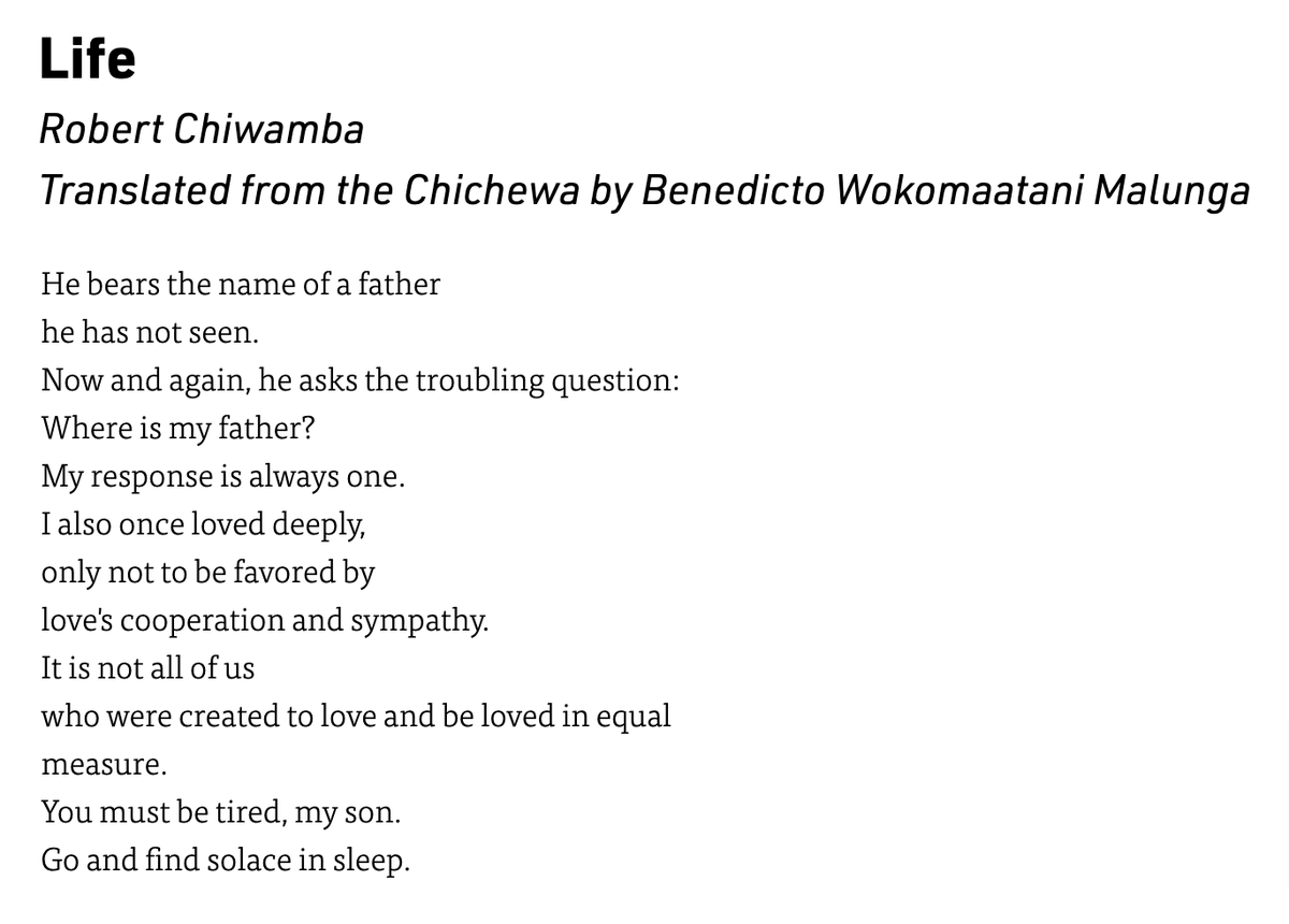 winningwriters's tweet photo. "Life", a poem by Robert Chiwamba, translated from the Chichewa by Benedicto Wokomaatani Malunga
https://t.co/PbDJJQrNX7
@Ochiwamba1 via @Poetry_Daily and @SouthernHReview https://t.co/eehfUEm5yq