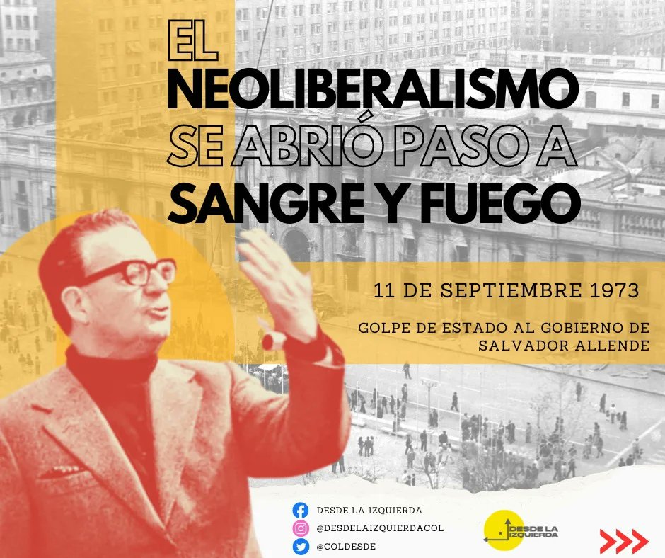 #DatoHistórico 📖📚

Hace 50 años en #Chile se llevó a cabo el golpe militar de Augusto Pinochet al gobierno de Salvador Allende. 

Este suceso marcó la historia de América Latina, pues significó el inicio de la dictadura y la puesta en marcha del neoliberalismo en la región. 🧵