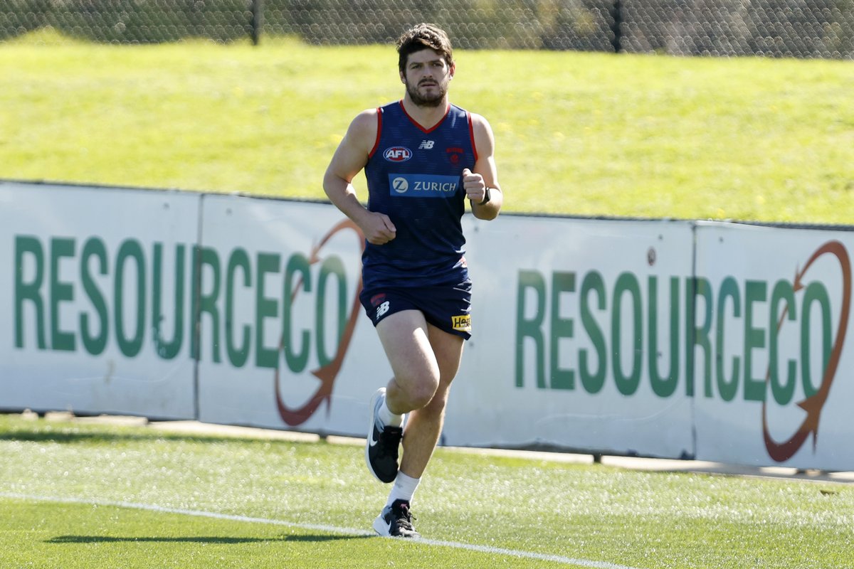 AFL's tweet photo. Great to see Gus back at @melbournefc training this morning 🙌 https://t.co/jKuTEBBE4m