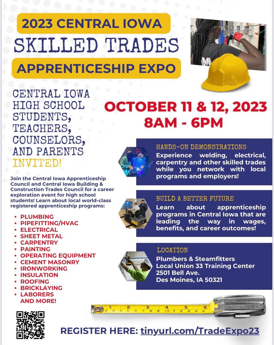 1️⃣ month away! 💥

AMAZING opportunity to learn about 1️⃣6️⃣ building trades apprenticeships in a smaller setting with more networking &amp; hands-on instruction at <a href="/ualocal33/">Plumbers & Steamfitters Local Union 33</a> Training Center.

Register here:
tinyurl.com/TradeExpo23

#iowaskilledtrades #iowaconstruction #IowaWorkforce