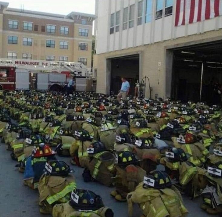 A set of turn out gear representing each of the 343 firefighters who lost their lives on 9/11/01 

#NeverForget 
#RememberAndHonor