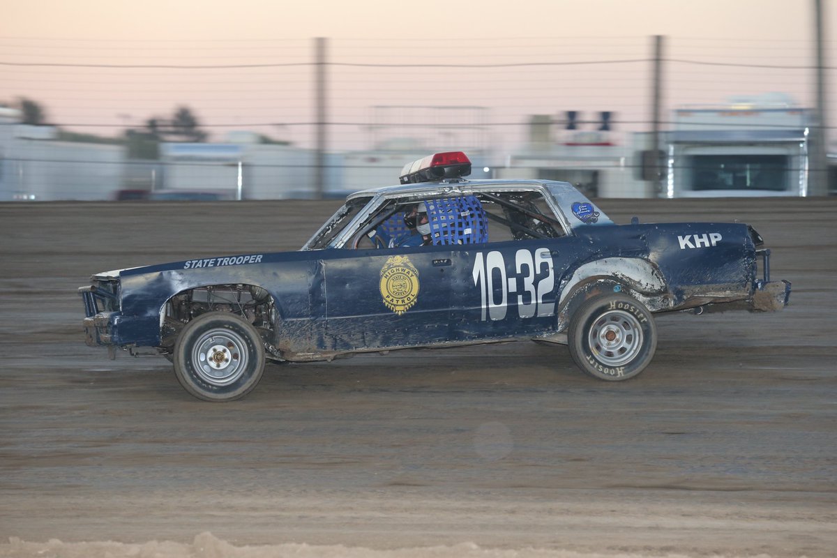 derbydude64's tweet photo. @DirtyMoMedia @DaleJr This is our car. The 10 code, 10-32, in Kansas means “high speed chase” so we found it the perfect number for our car. The cop lights do work and we typically run them during the parade lap and the last lap! https://t.co/zvYzAAoqZu