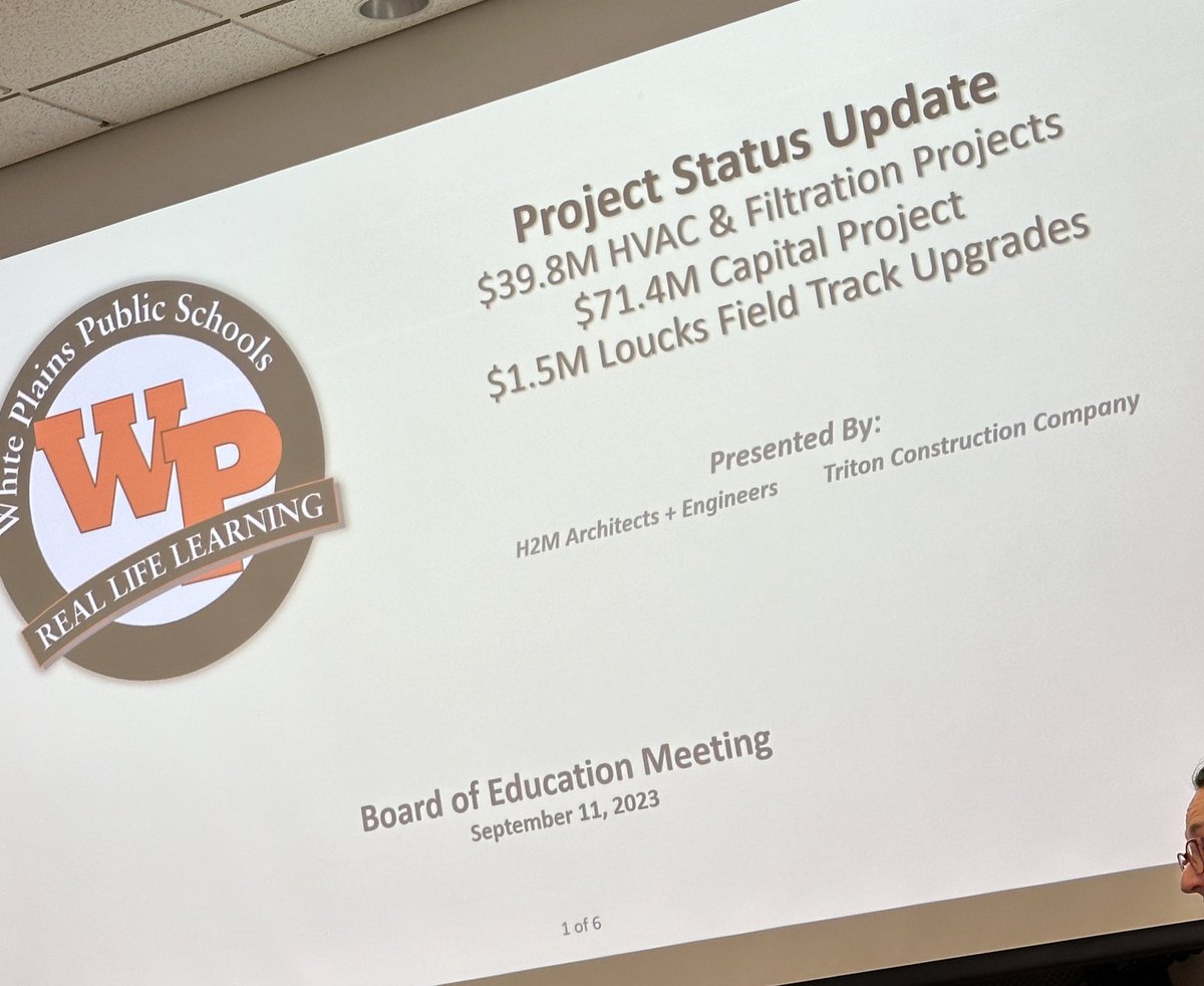 Update from @H2MAandE @TritonConstruct on timeline of @wplainsschools investment in HVAC&AirFiltration Projects. Appreciative of collaborative effort by our community, WP personnel, architects & contractors to improve student learning environments & teacher working environments !