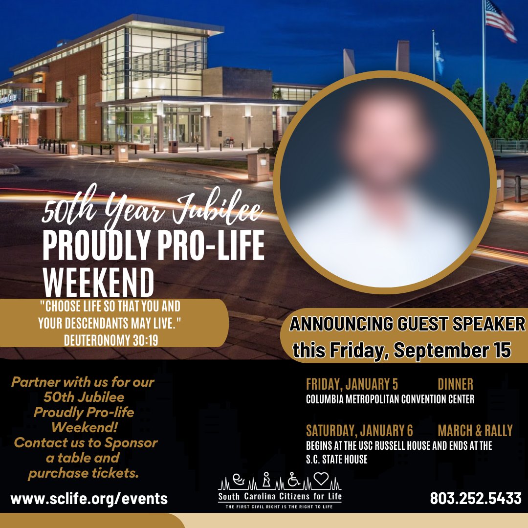 LIFEforSC's tweet photo. ๐ซ Whoโ is our Guest Speaker for the South Carolina Citizens for Life's 2024 Proudly Pro-Life Weekend | 50th Jubilee Celebration?
Tune in this Friday for our Announcement and purchase your tickets online here: https://t.co/zcQgIMWksg.
#life4sc #prolifeweekend https://t.co/M2w9L3TJHu