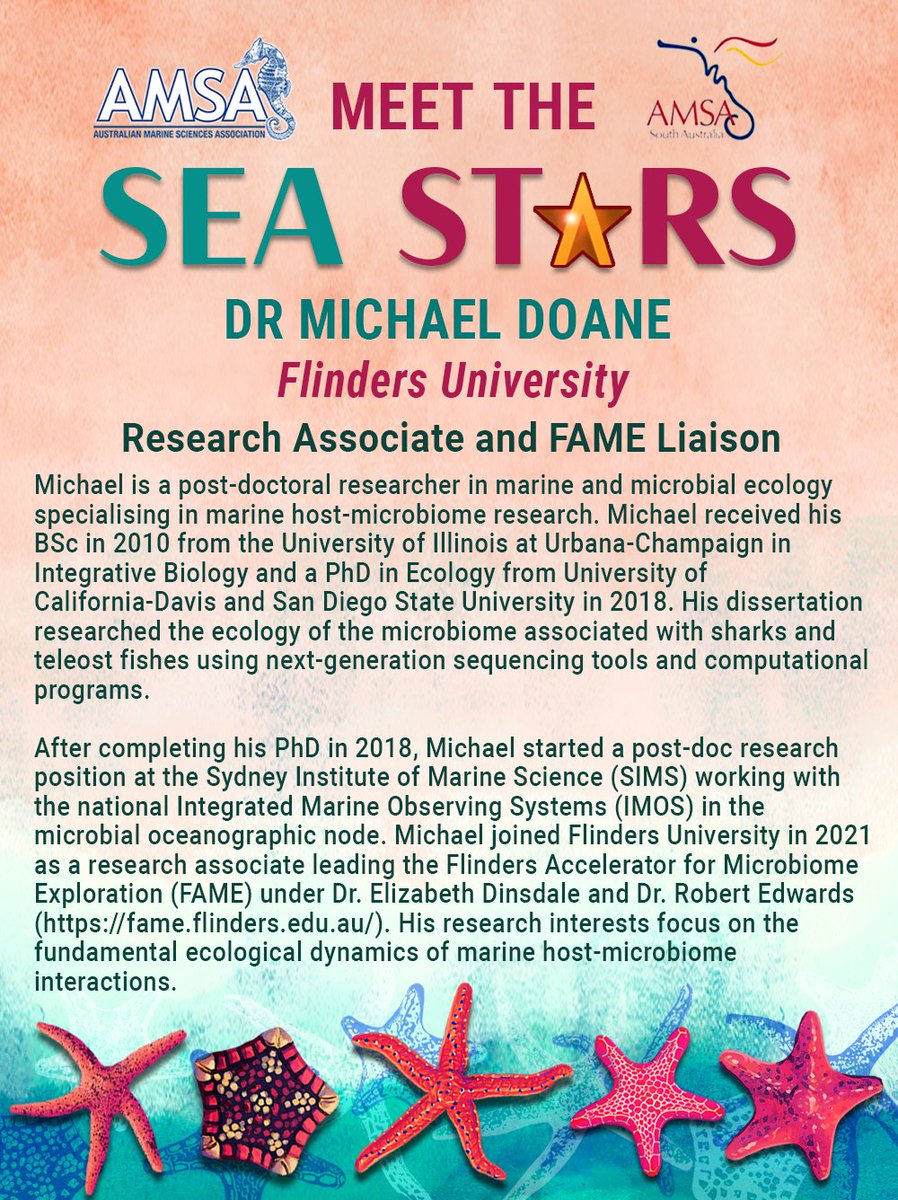 MarineScienceSA's tweet image. Come &amp;amp; meet the Sea Stars at Flinders University this Thursday 14 September!  

Dr Michael Doane will present on marine host-microbiome interactions 🌊🦠📊

Tickets for the presentations and social mixer are still available: bit.ly/3Kzuy8U