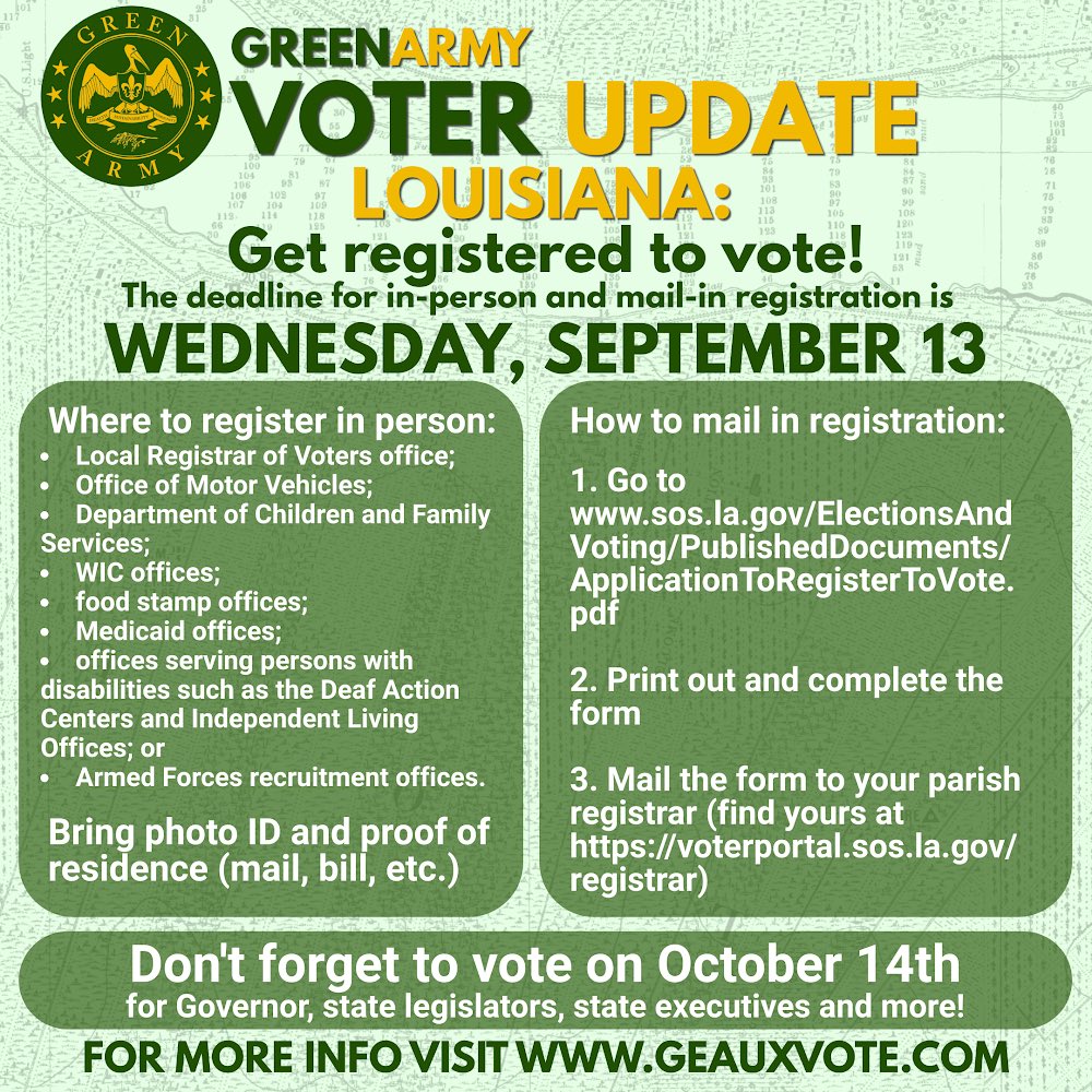Russel L. Honore' (@ltgrusselhonore) on Twitter photo Please Remind #Students to Register To #Vote #Louisiana election is Homecoming weekend! <a href="/LSU/">LSU</a> <a href="/lsureveille/">The Reveille</a> <a href="/SouthernUsports/">Southern University Jaguars</a> <a href="/BRCC/">brcc</a> <a href="/WAFB/">WAFB</a> <a href="/WAFB/">WAFB</a> <a href="/WWLTV/">WWL-TV</a> <a href="/theadvocatebr/">The Advocate</a> <a href="/LouisianaGov/">Gov. John Bel Edwards</a> <a href="/KimHunterReed/">Kim Hunter Reed</a> @ Please Remind #Students to Register To #Vote #Louisiana election is Homecoming weekend! <a href="/LSU/">LSU</a> <a href="/lsureveille/">The Reveille</a> <a href="/SouthernUsports/">Southern University Jaguars</a> <a href="/BRCC/">brcc</a> <a href="/WAFB/">WAFB</a> <a href="/WAFB/">WAFB</a> <a href="/WWLTV/">WWL-TV</a> <a href="/theadvocatebr/">The Advocate</a> <a href="/LouisianaGov/">Gov. John Bel Edwards</a> <a href="/KimHunterReed/">Kim Hunter Reed</a> @