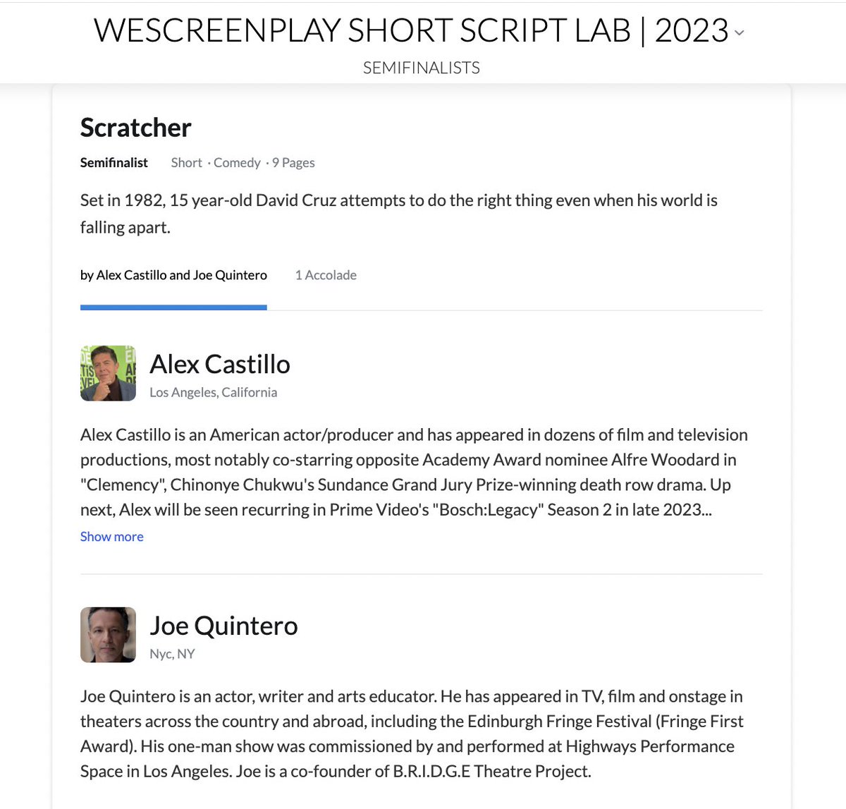 alexcastillousa's tweet photo. Excited to share our film SCRATCHER has moved on to the semifinals in the WeScreenplay Short Script Lab 2023 Competition. For more information check out: https://t.co/Y3aPPJfrmy #Coverfly #WeScreenplay #ShortScriptLab #Comedy #LatinoFilmmakers #LatinoFilm #LatinX https://t.co/dQG1sg8eWW
