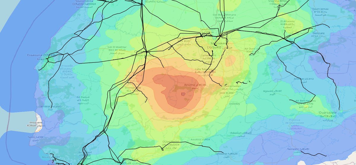 Here's what open data I could find on higher voltage power lines in relation to the #moroccoearthquake . Always curious what the balance of existing infrastructure restoration versus new microgrid deployments looks like for disasters like this. Data from #OpenStreetMap and #USGS