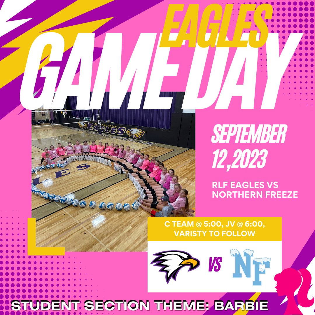 Eagles game day tomorrow vs Northern Freeze!
C team starts at 5:00!
Student section theme: Barbie 💕

<a href="/EagleRebel_630/">EagleRebelActivities</a> <a href="/RLF_KINDERandVB/">Nicole Gullingsrud</a>