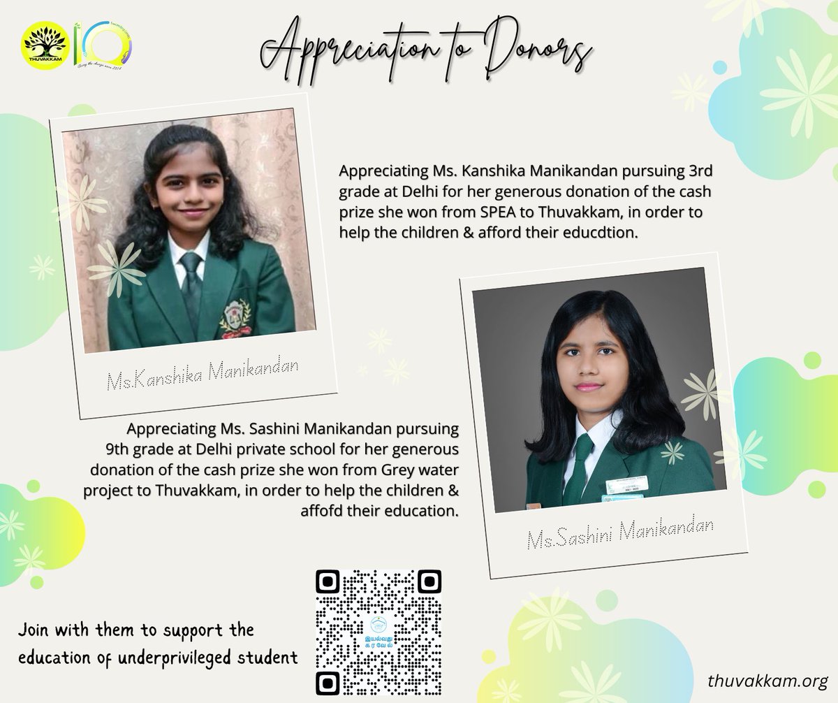 Thuvakkam's tweet photo. Appreciating Ms.Kanshika &amp;  Ms.Sashini for their generous donation of the cash prize to Thuvakkam, in order to help the children &amp; afford their educdtion.

Join with them to support the education of underprivileged student  -> https://t.co/DdHM7bh9Y2 https://t.co/jHISBolC7O
