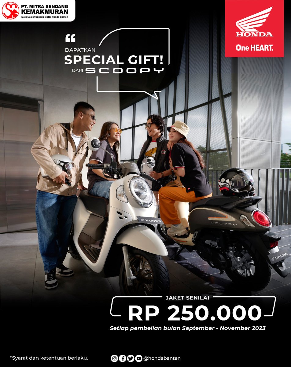 fajarmandiri_'s tweet photo. 📝 SPECIAL GIFT SCOOPY📝
Jacket senilai Rp. 250.000
‘Setiap pembelian bulan September - November 2023’
📢Syarat & Ketentuan berlaku
#TetapSatuHati
#SatuHatiBersamaMSK
#HondaBanten
#OneHeart
#BersamaHondaBanten
#FajarMandiriBaros
#PromoSeptember
#Moski https://t.co/sobePSw6bM
