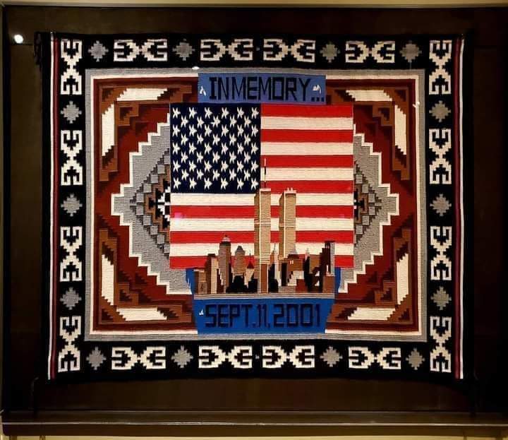 NHHRiders's tweet photo. Here's a beautiful Navajo tribute weaving depicting the Twin Towers. woven by Navajo master weaver Marilyn Scott. #NeverForget https://t.co/fAiBQ6x4Fz