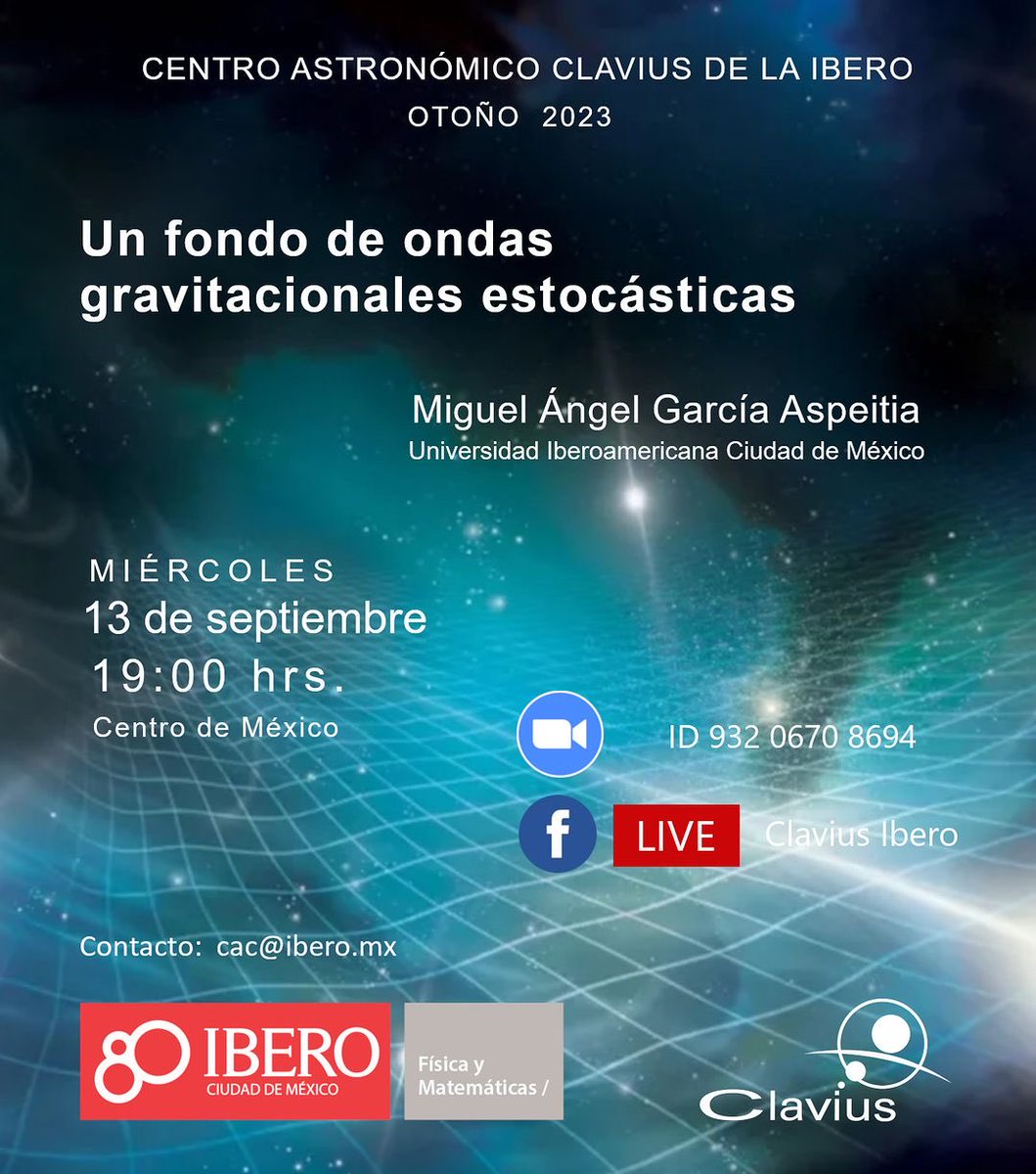No te pierdas la conferencia de esta semana: Un fondo de ondas gravitacionales estocásticas, con Miguel Ángel García Aspeitia.

A través de Zoom (ID: 932 0670 8694) y Facebook Live.