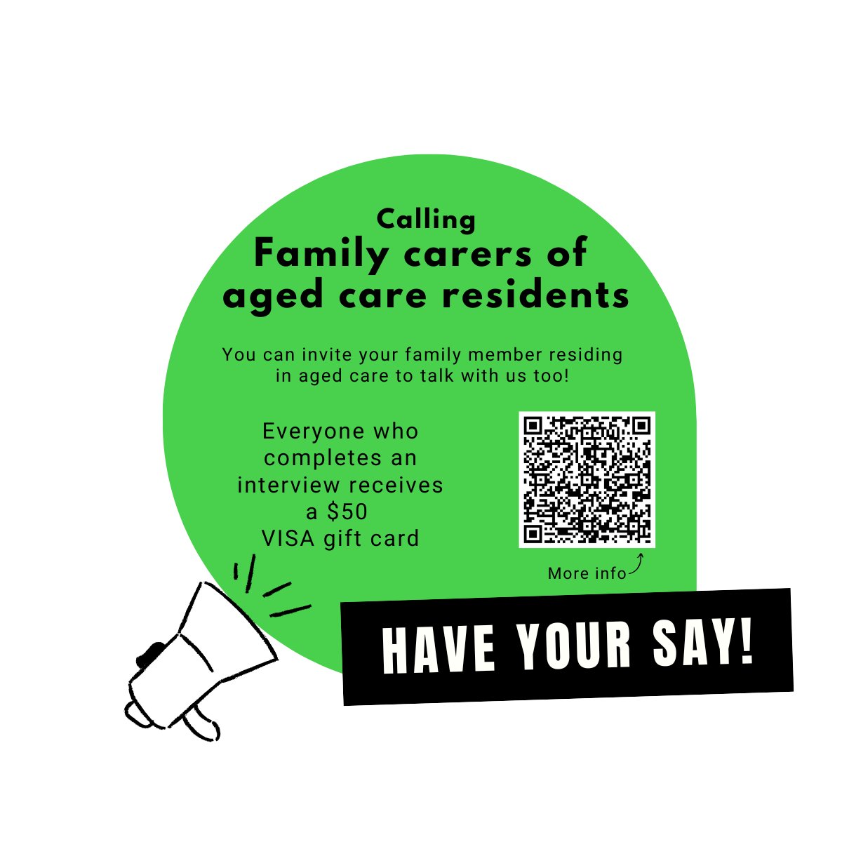 Mary A. Burns (@maryburns_a) on Twitter photo If you are a #carer of an elderly loved one, take part in an interview with researchers at UNSW and receive a $50 VISA giftcard. We want to know about your loved ones #GPcare in their #agedcarehome
See QR or email us for more info: gp_agedcareproject@unsw.edu.au If you are a #carer of an elderly loved one, take part in an interview with researchers at UNSW and receive a $50 VISA giftcard. We want to know about your loved ones #GPcare in their #agedcarehome
See QR or email us for more info: gp_agedcareproject@unsw.edu.au