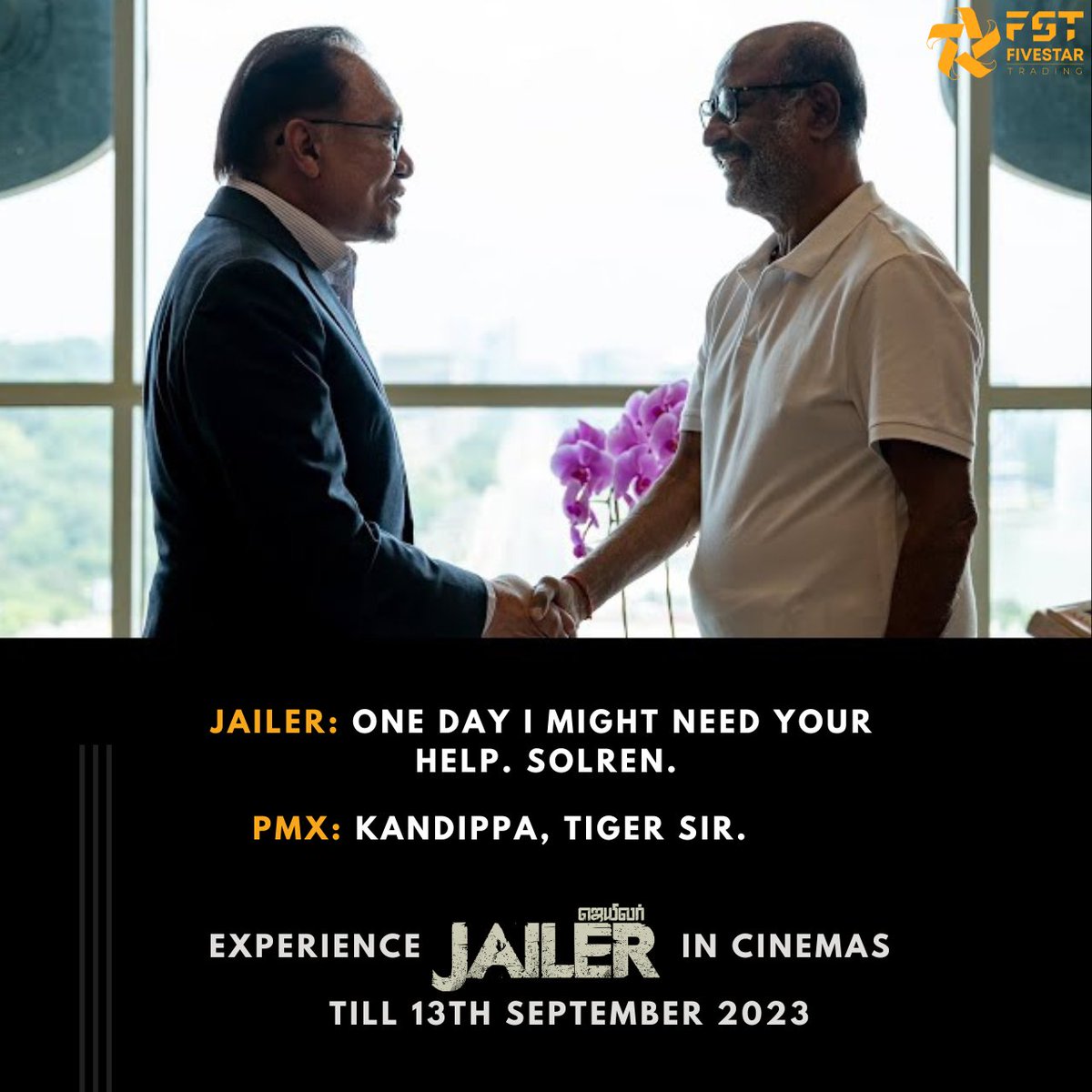 FSTofficialmy's tweet photo. Rombe Thooram Vanduthingeย Saar! ๐ซก
โค Malaysia ๐ฒ๐พ @anwaribrahim
#Jailer In Cinemas Till 13th September 2023 ๐
@rajinikanth @Nelsondilpkumar @anirudhofficial
@Mohanlal @NimmaShivanna @iamvasanthravi
@suneeltollywood @iYogiBabu @sunpictures
#TheOGIsBack #FiveStarTrading https://t.co/vGYZbFGEbl