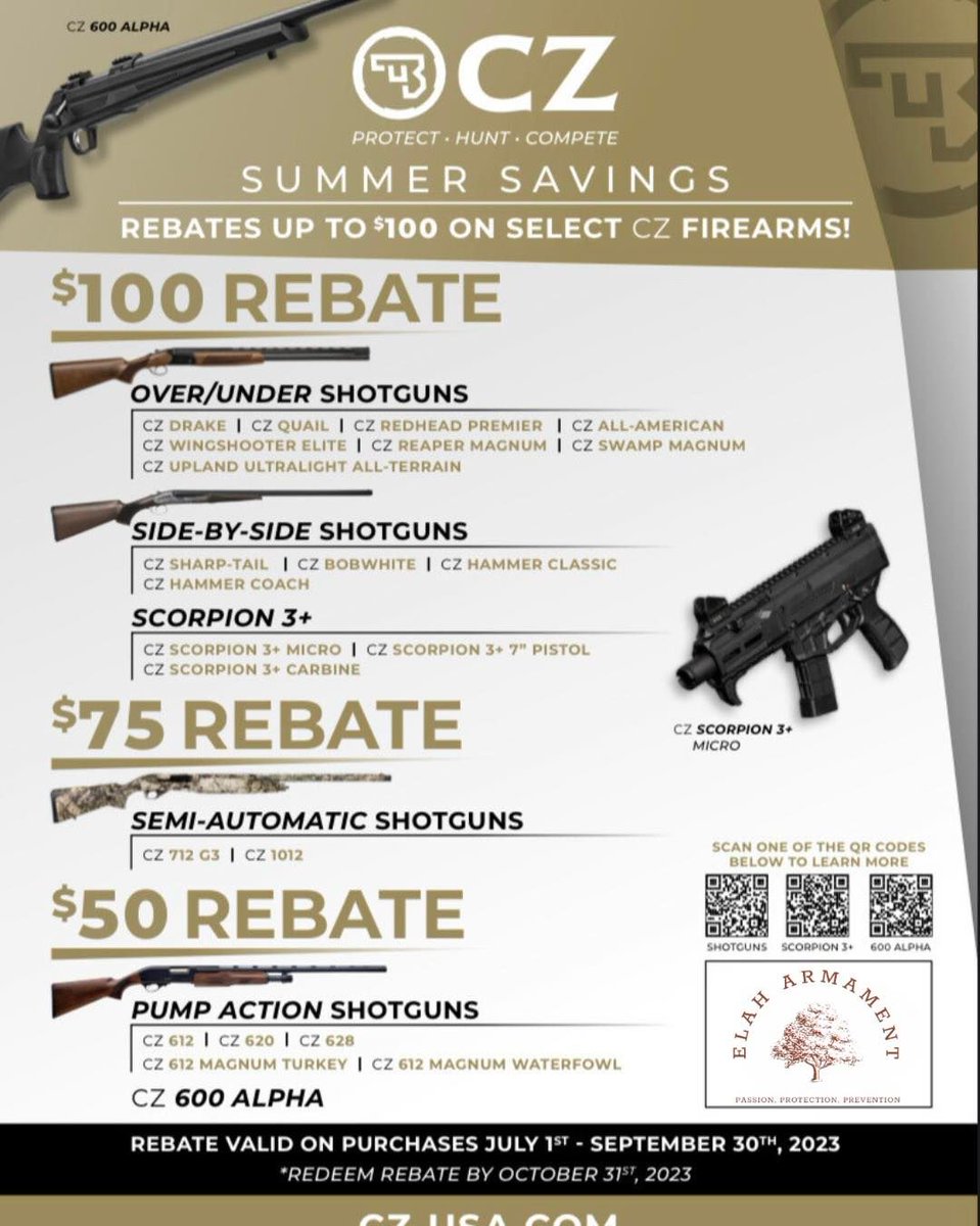 Although summer is wrapping up, the savings are not! Catch one of the sizzling rebates before September 30 when the deal expires!
#cz #czechrepublic #czech #czusa #elaharmament #pistol #pistols #rifle #riflehunting #rifles #rifleshooting #shotgun #shotguns #shotgunsdaily