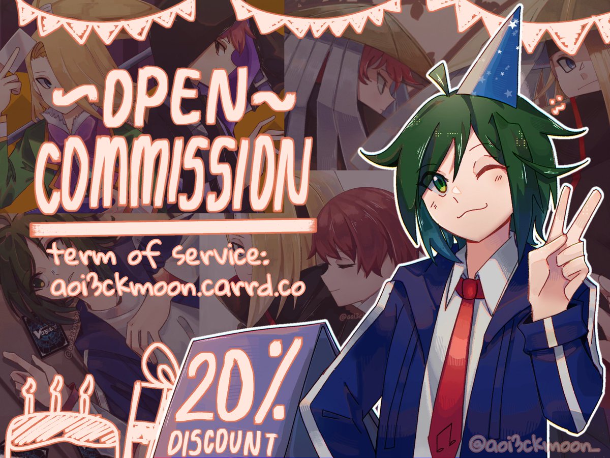 Hi, my commission slots are still open! This September, I'm starting with 5 slots and to celebrate my upcoming birthday, I'm offering a 20% discount to the first 3 quickest buyer🥳 

The first buyer will also receive a free bust-up~😆

🍀Your RT would mean a lot🍀