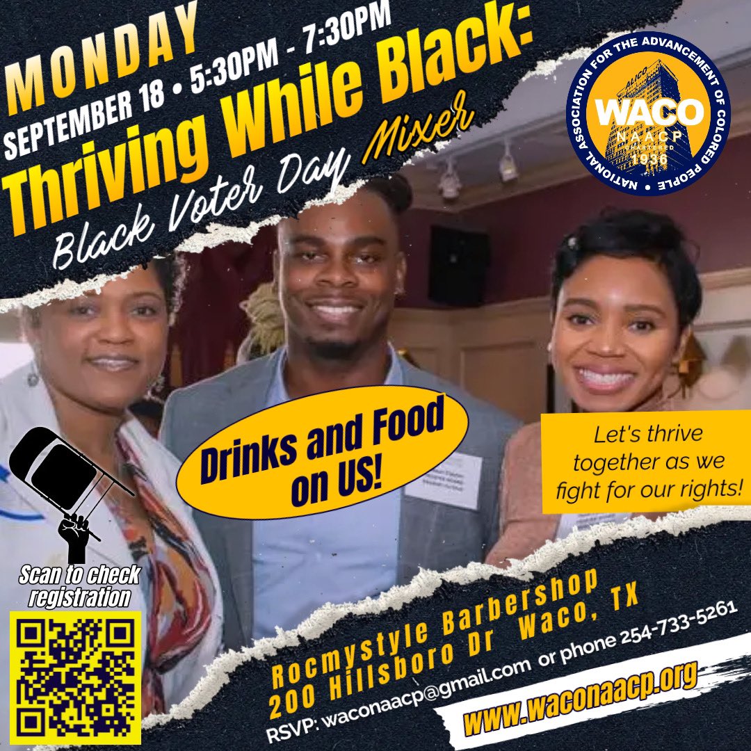 WacoNAACP's tweet photo. Hey y’all! Come straight from work and enjoy food, beer, and wine on the NAACP as we celebrate National Black Voter Day at Roc-My-Style. https://t.co/PHXGYBz9Db