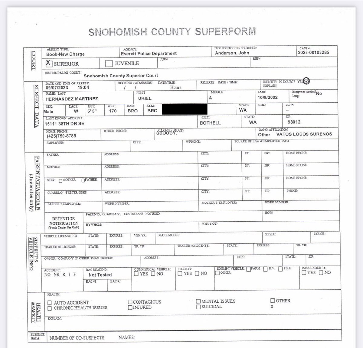WAStateHomicide's tweet photo. Photo of Everett murder suspect Uriel Hernandez Martínez and the Everett police report. https://t.co/UdSl64GAxe