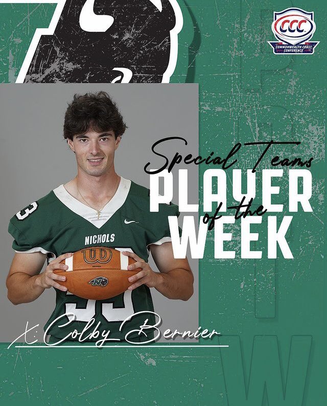 NicholsBisonFB's tweet image. Congratulations to these Bison being honored by the CCC 

Special Teams Player of the Week - Colby Bernier
7-7 on PATs
1 Punt that landed inside the 20
599 Kickoff Yards on 10 Kickoffs 

Defensive Rookie of the Week - Patrick Henry 
3 Total Tackles
2 Sacks
2.5 Tackles for Loss