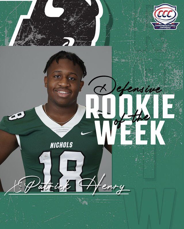 NicholsBisonFB's tweet image. Congratulations to these Bison being honored by the CCC 

Special Teams Player of the Week - Colby Bernier
7-7 on PATs
1 Punt that landed inside the 20
599 Kickoff Yards on 10 Kickoffs 

Defensive Rookie of the Week - Patrick Henry 
3 Total Tackles
2 Sacks
2.5 Tackles for Loss